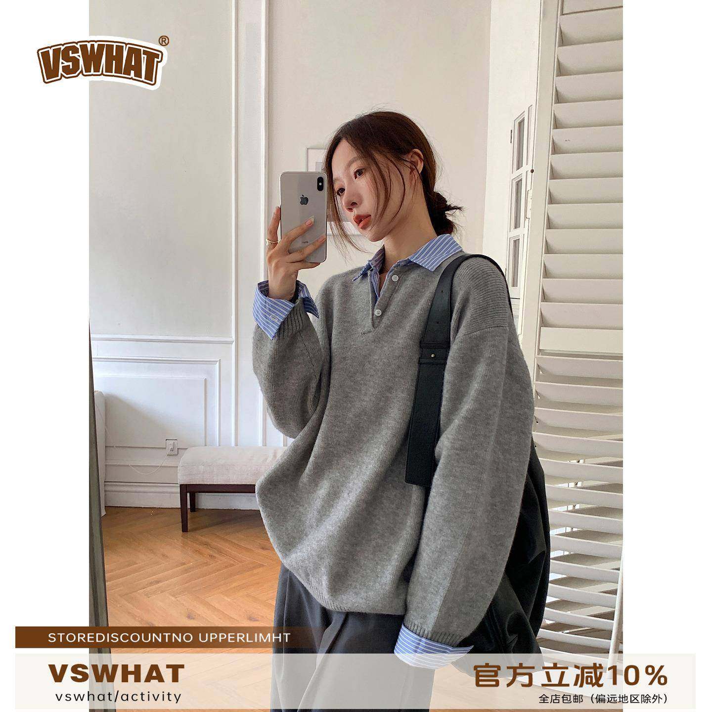 Vs what「慢时光」假两件套头针织衫春秋新款宽松polo衬衫领毛衣