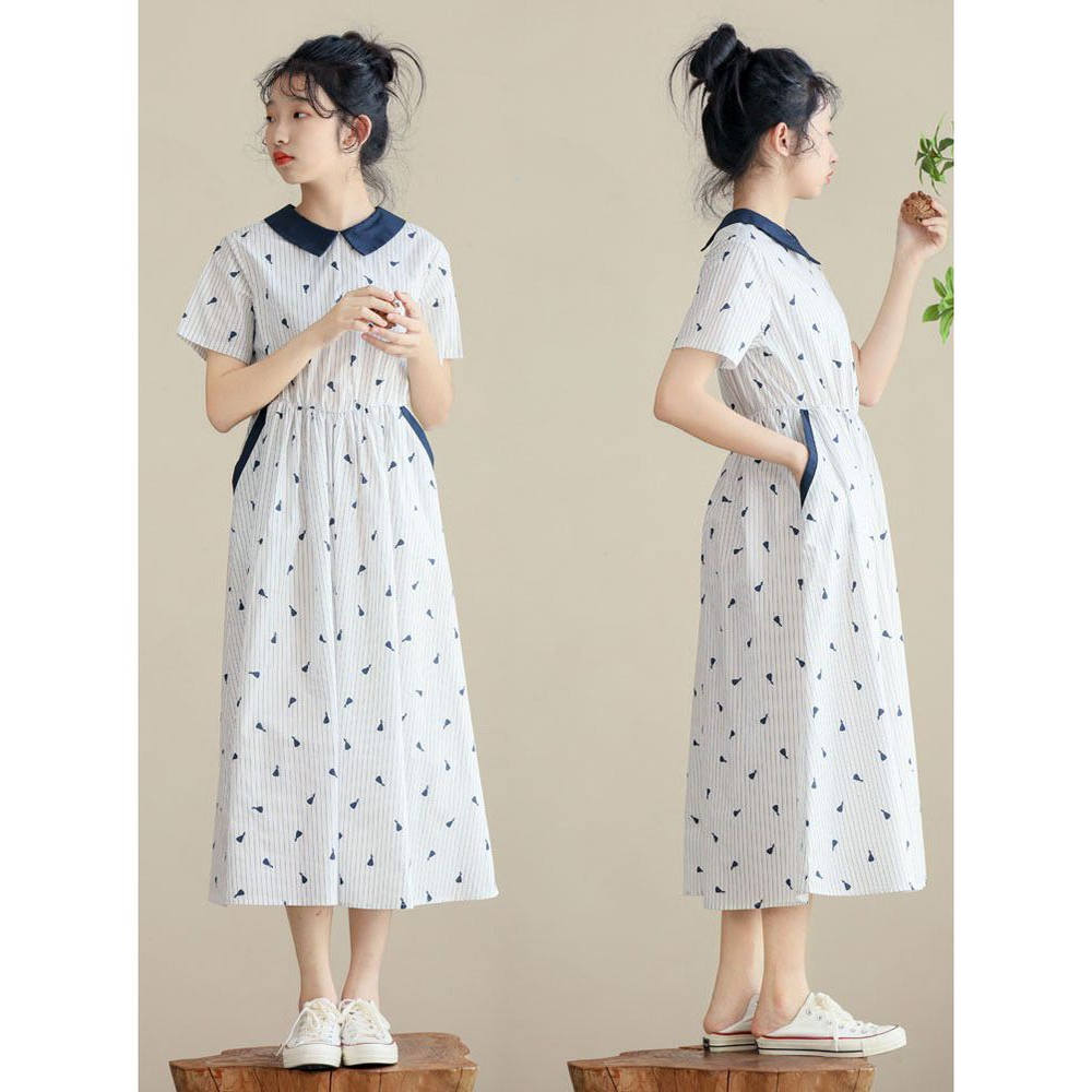 女童连衣裙夏季初中生清新收腰甜美长裙显瘦亲子装学院风大童翻领