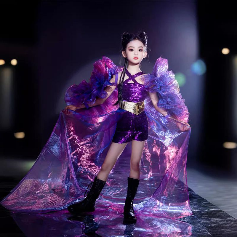 女童礼服紫色纱袖亮片套装演出服
