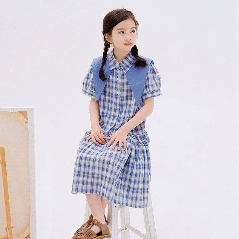 女童格子衬衫裙夏季学院风公主裙中大童海军风裙子过膝长裙纯棉潮