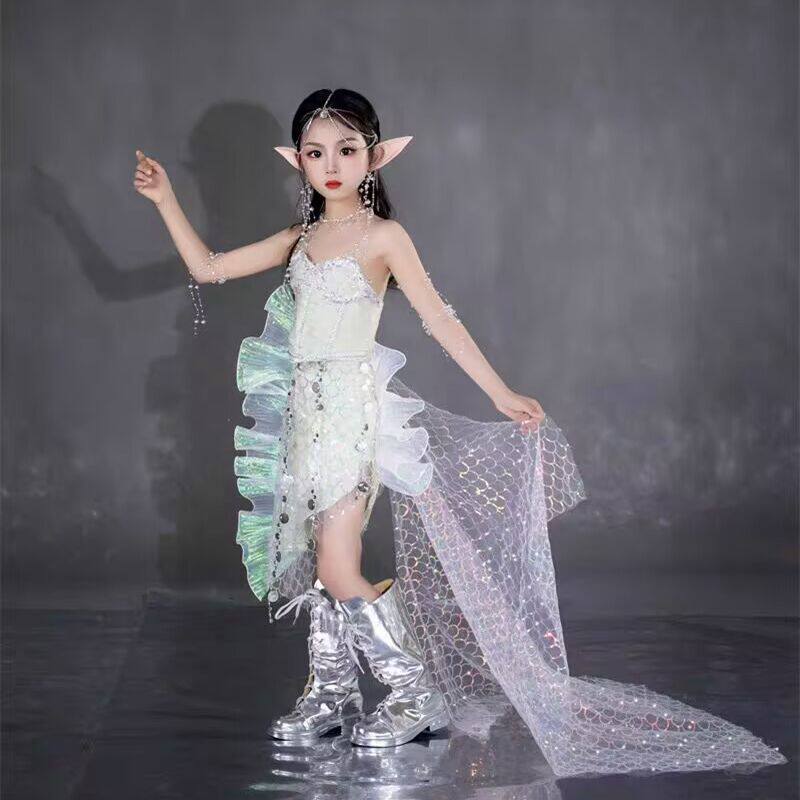 女童美人鱼姬亮片鱼尾裙鲛人服装走秀演出服礼服裙写真COS服六一