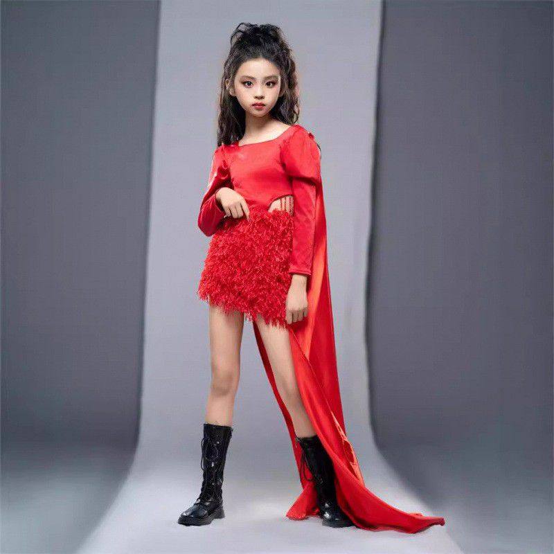 女童红色长袖流苏裙T台走秀服