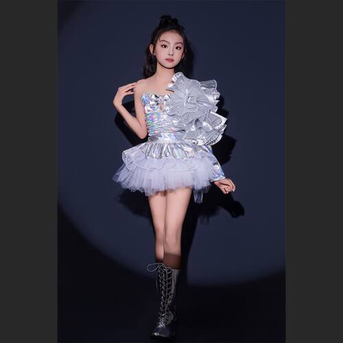 女童单袖银白蓬蓬裙T台走秀服