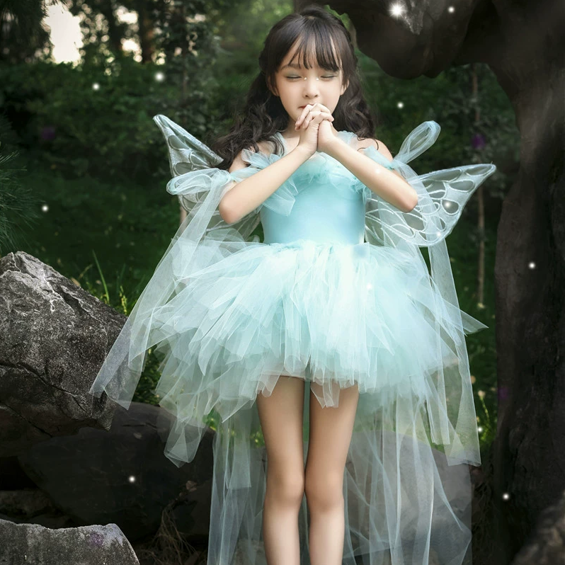 女童精灵装带蝴蝶翅膀仙子裙走秀摄影纱裙蓬蓬公主裙生日演出礼服
