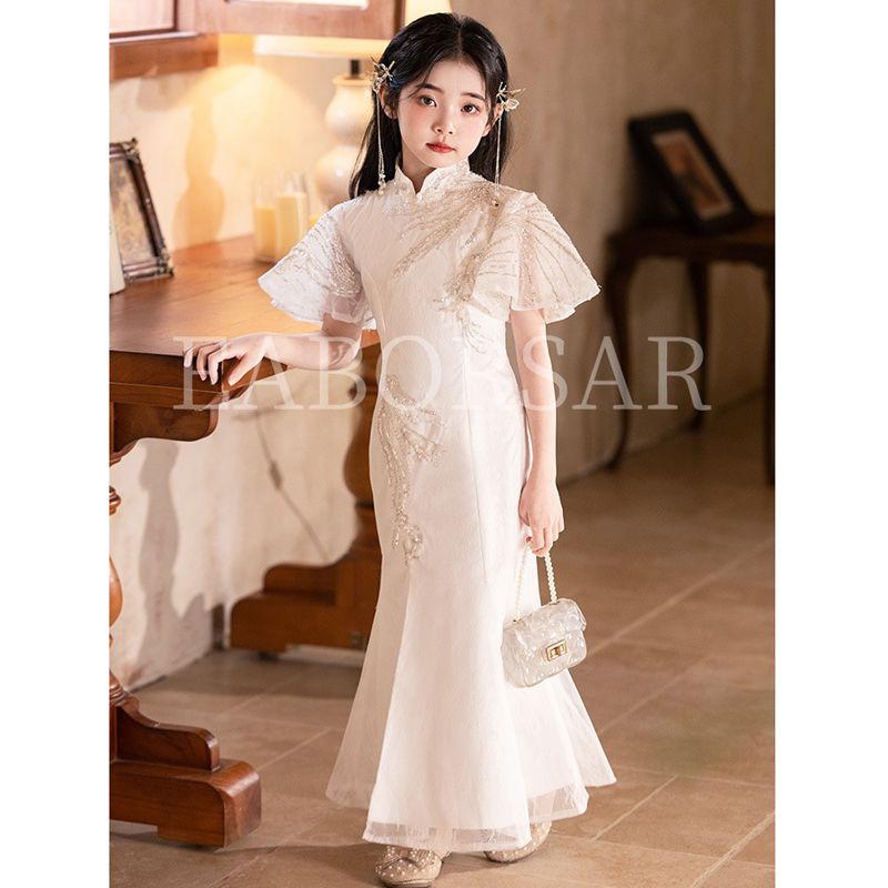 女童白色新中式旗袍礼服裙晚礼服鱼尾裙演出服钢琴主持走秀生日裙