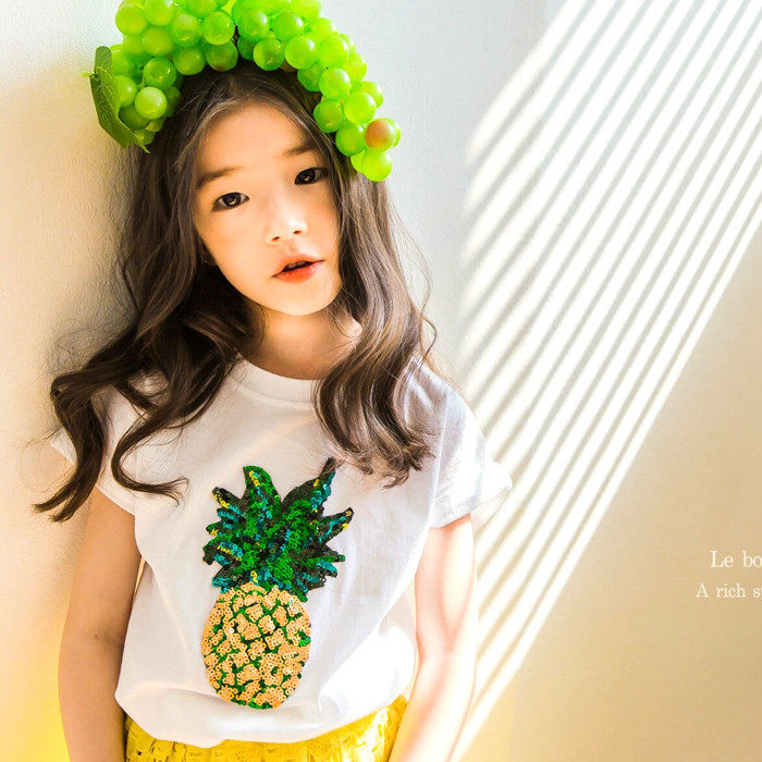 女童夏季T恤纯棉菠萝珠片短袖上衣中大童百搭打底衫亲子装洋气潮