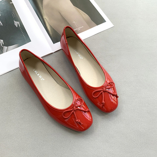 女法式 复古红色漆皮蝴蝶结芭蕾舞奶奶鞋 真皮方头浅口平底单鞋 新款