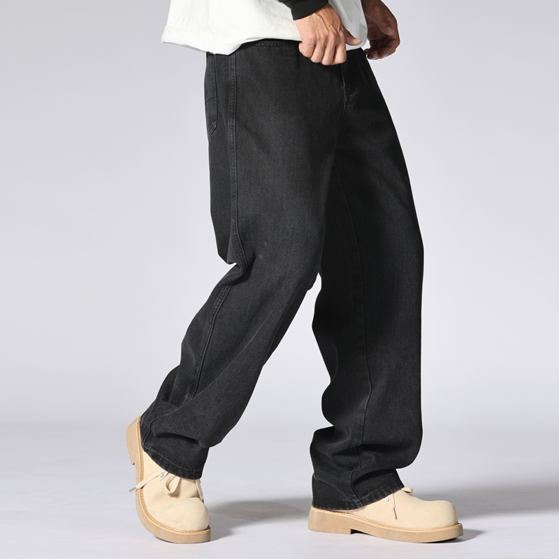 7号仓库昱本男装黑色简约中直筒牛仔裤男宽松复古休闲牛仔长裤