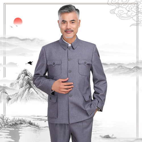 秋季薄款浅灰色老人衣服中山装
