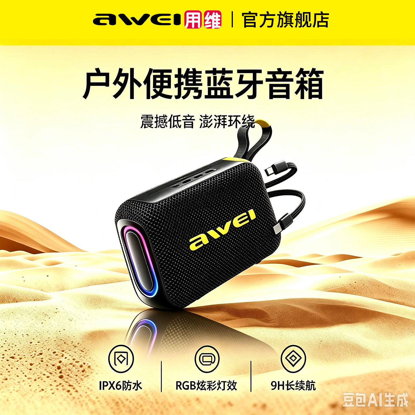 用维KA20户外便携蓝牙音箱防水炫彩灯光9H续航IPX6防水HIFI音箱