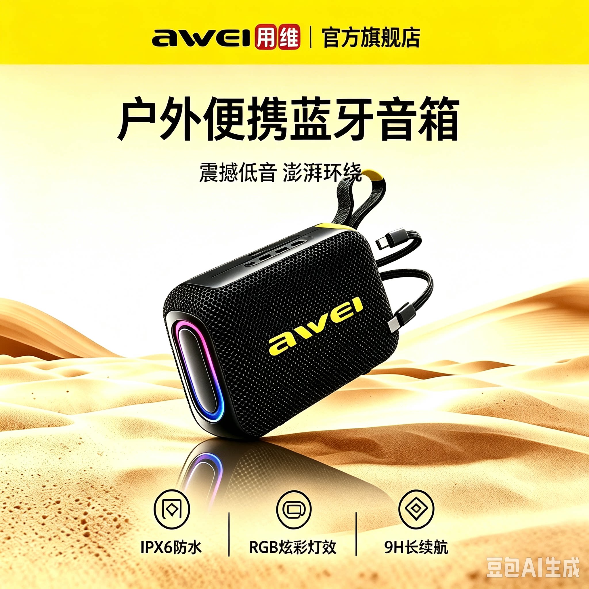 用维KA20户外便携蓝牙音箱防水炫彩灯光9H续航IPX6防水HIFI音箱