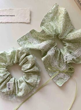 森系碎花清新蕾丝花边方巾大肠圈高级感幸运少女发饰绿色发圈