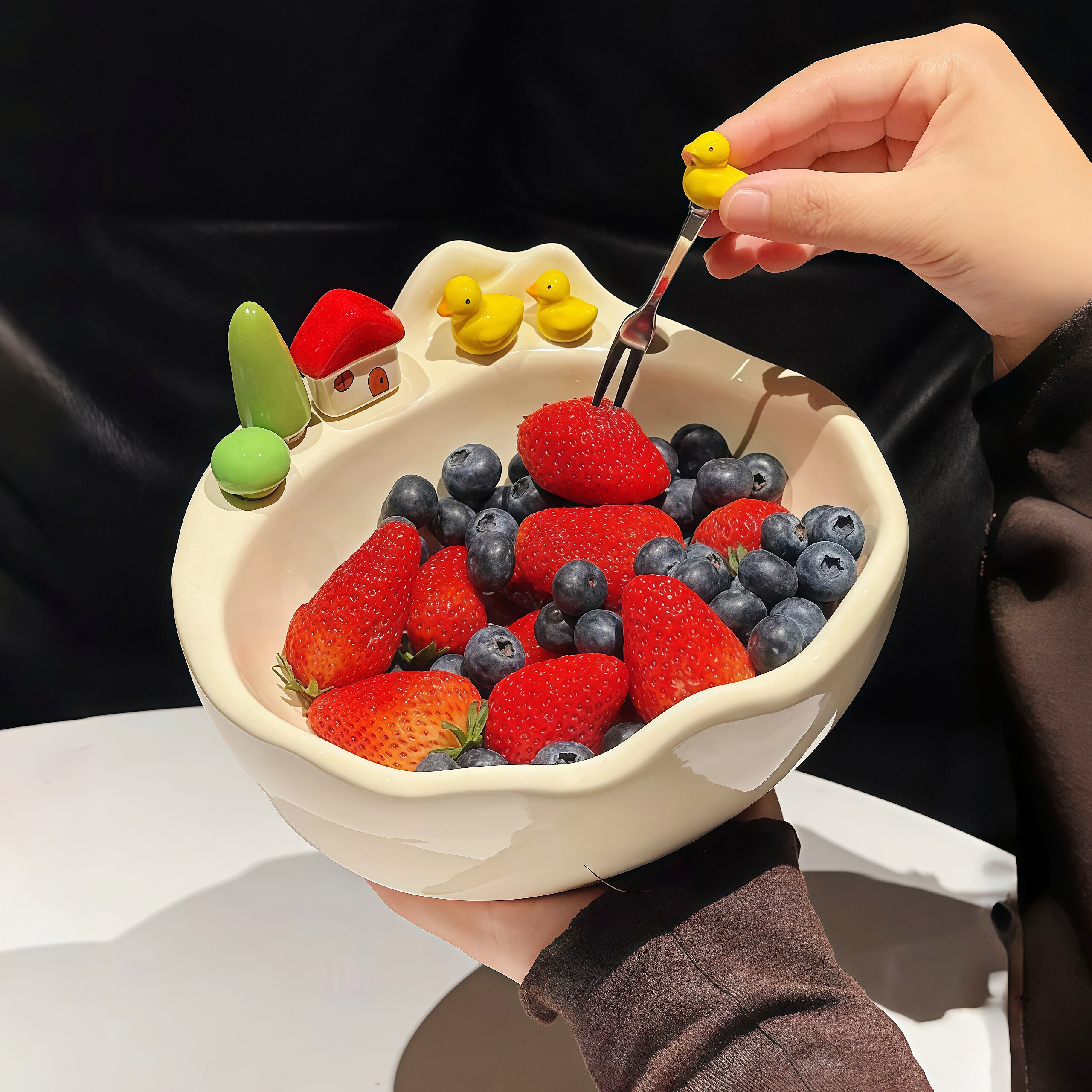 客厅碗鸭子陶瓷带水果盘可爱~超大容量高颜值沙拉碗水果家用叉子