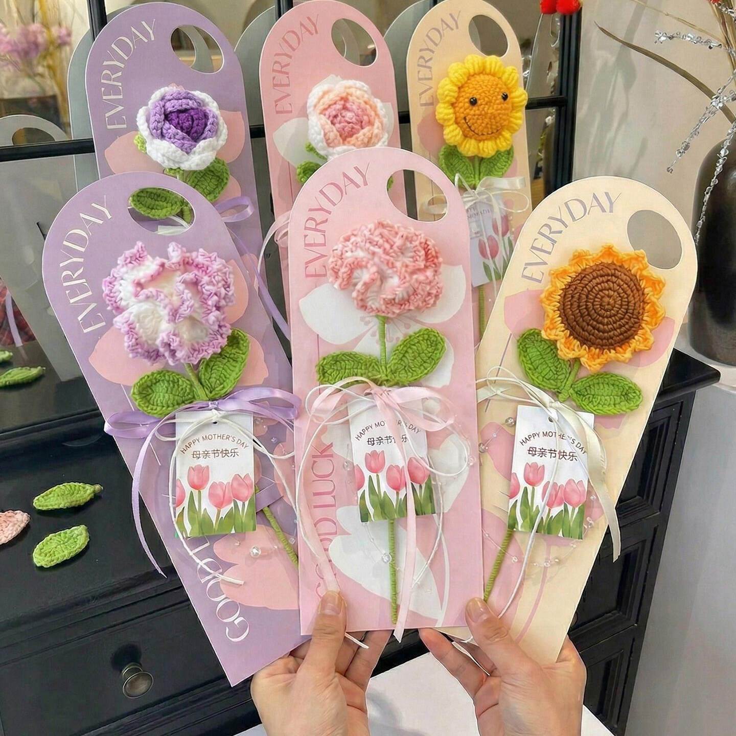 卡片贺卡花束手工钩织向日葵玫瑰毛线花成品送妈妈长辈母亲节礼物