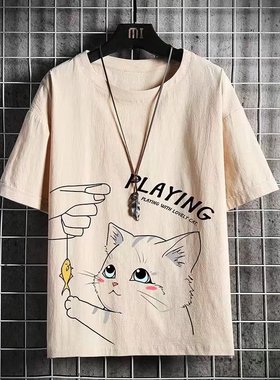 2024年新款短袖男士亚麻t恤夏季大码胖子宽松印花上衣服潮流体恤