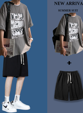 运动套装男夏季2024年新款印花衣服一套搭配帅气休闲短裤短袖t恤