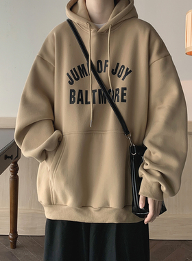 美式复古重磅连帽卫衣男秋冬硬挺加绒大码高中生潮牌外套oversize