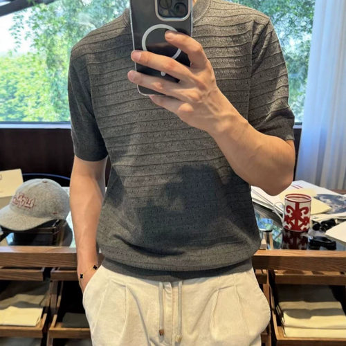 老钱风镂空条纹短袖T恤男透气