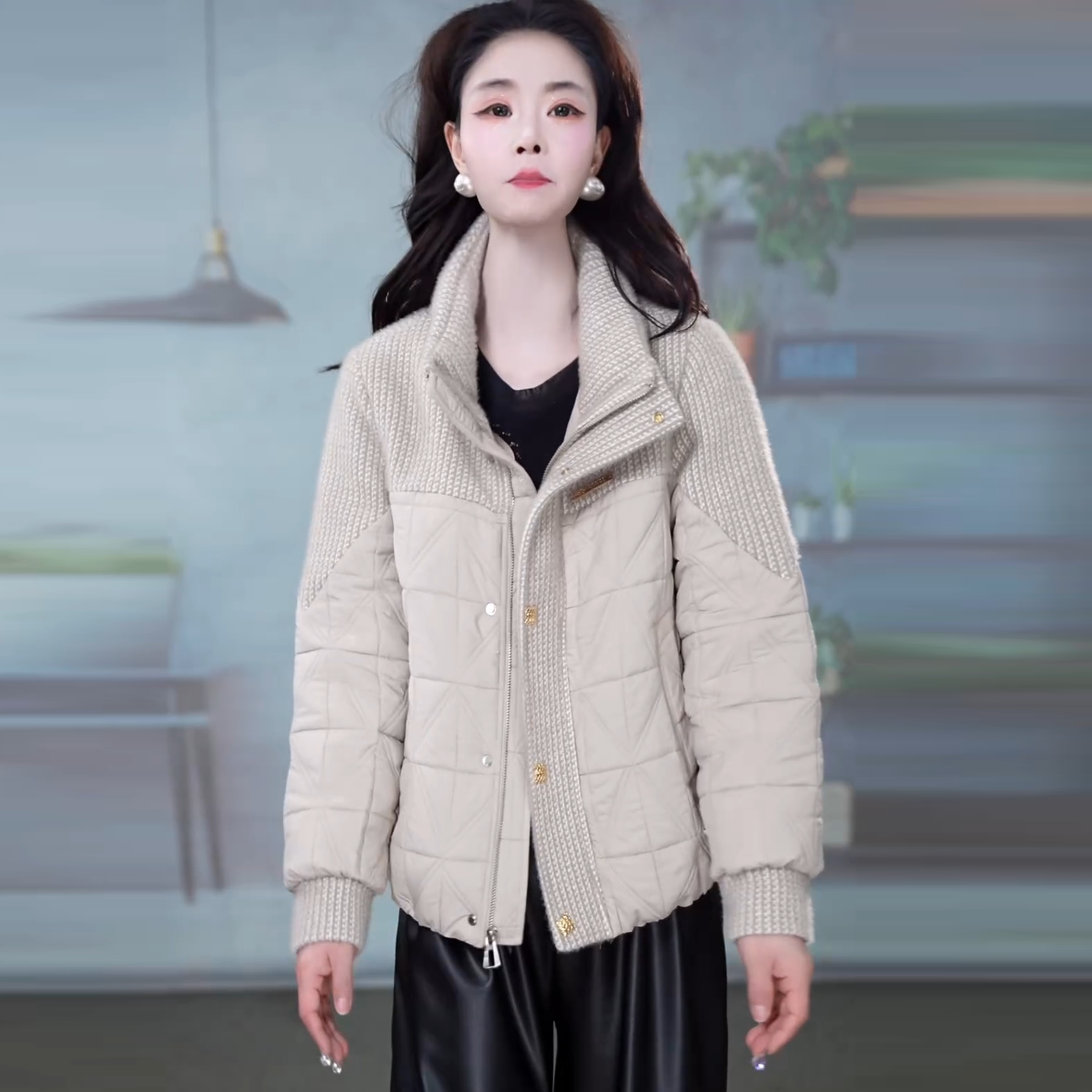2025高级感小香风精致菱格拼接百搭减龄加厚棉服外套M-XL