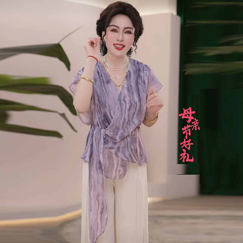 2025新款夏季妈妈装薄款时尚套装气质衬衣女装洋气减龄T恤两件套