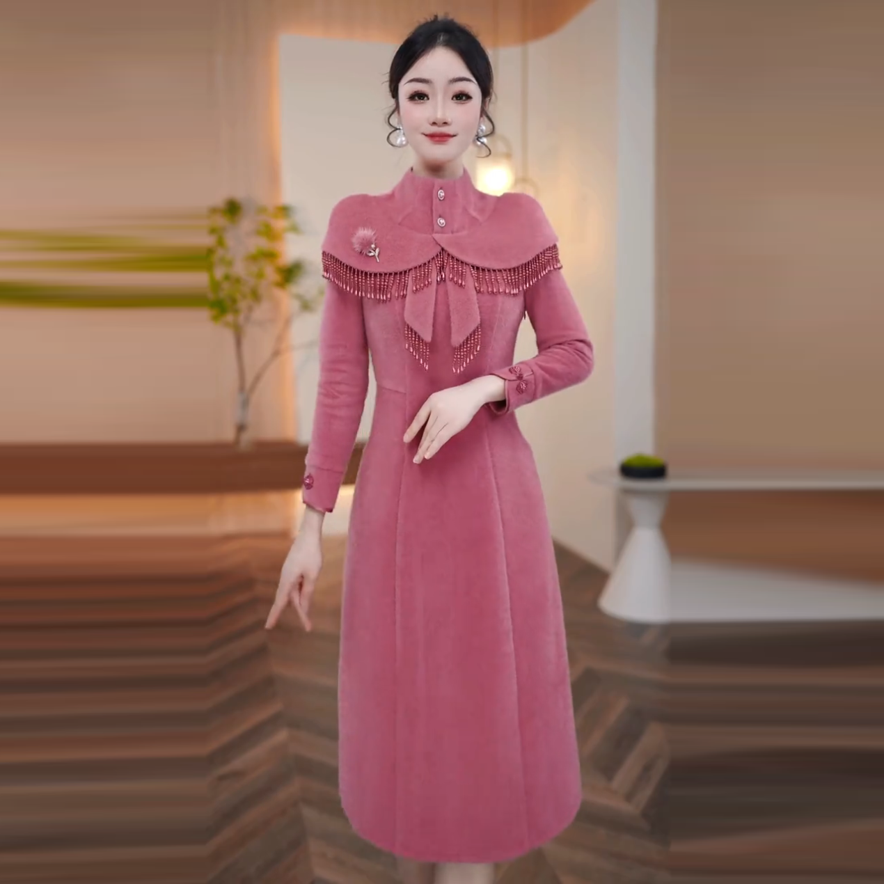 加绒加厚雪花绒气质显瘦连衣裙2025冬季新款时尚中长款礼服裙子