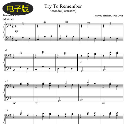 高清乐谱Try To Remember玻璃之城 插曲 追忆 四手联弹钢琴谱f447