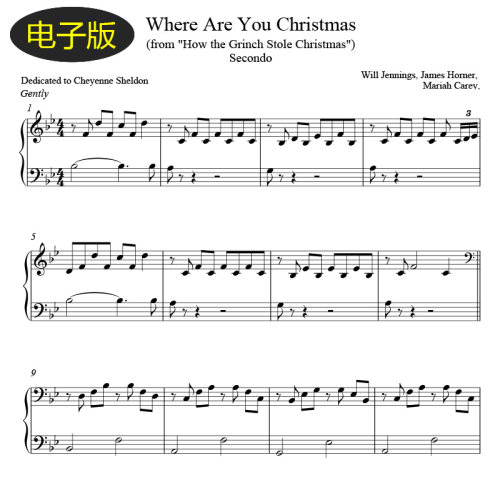 高清乐谱 圣诞怪杰Where Are You Christmas钢琴四手联弹乐谱f448