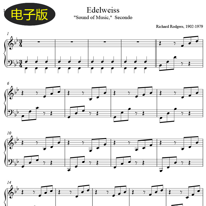高清乐谱 音乐之声Edelweiss雪绒花钢琴谱四手联弹乐谱 f458