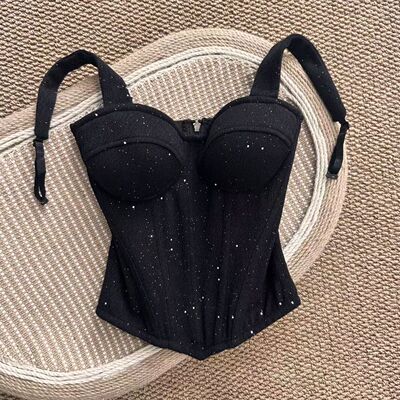 黑色鱼骨胸衣吊带背心女内搭修身束腰短款带胸垫打底抹胸上衣