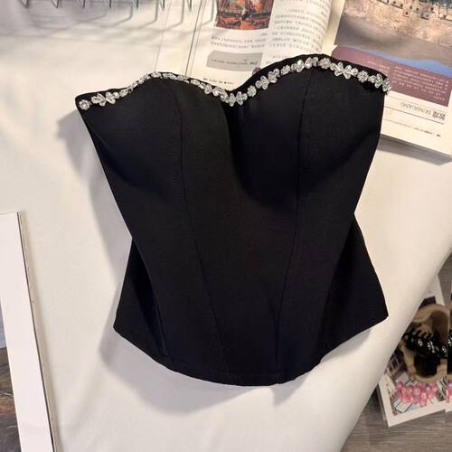 泰式甜辣独特别致镶钻鱼骨抹胸背心女一字肩外穿性感辣妹吊带上衣