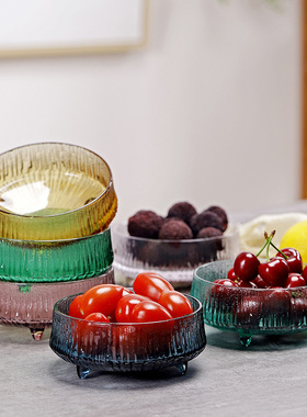 沙拉碗水果拼盘玻璃碗三脚创意蓝色黄色圆形条纹新款甜品碗250ml