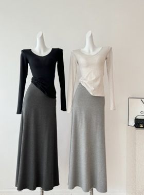 2025高腰灰色半身裙长款女秋冬垂感宽松百搭软糯休闲简约A字长裙