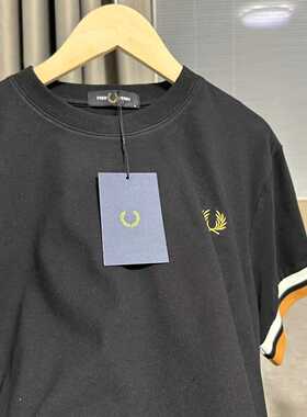 FP麦穗短袖T恤条纹刺绣男外贸打底衫纯黑色修身圆领刺绣纯棉高端