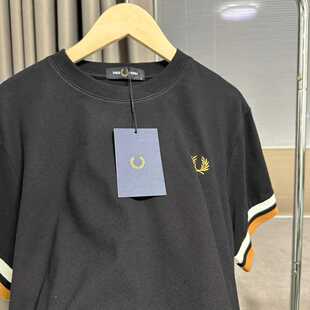 圆领刺绣纯棉高端 纯黑色修身 FP麦穗短袖 T恤条纹刺绣男外贸打底衫