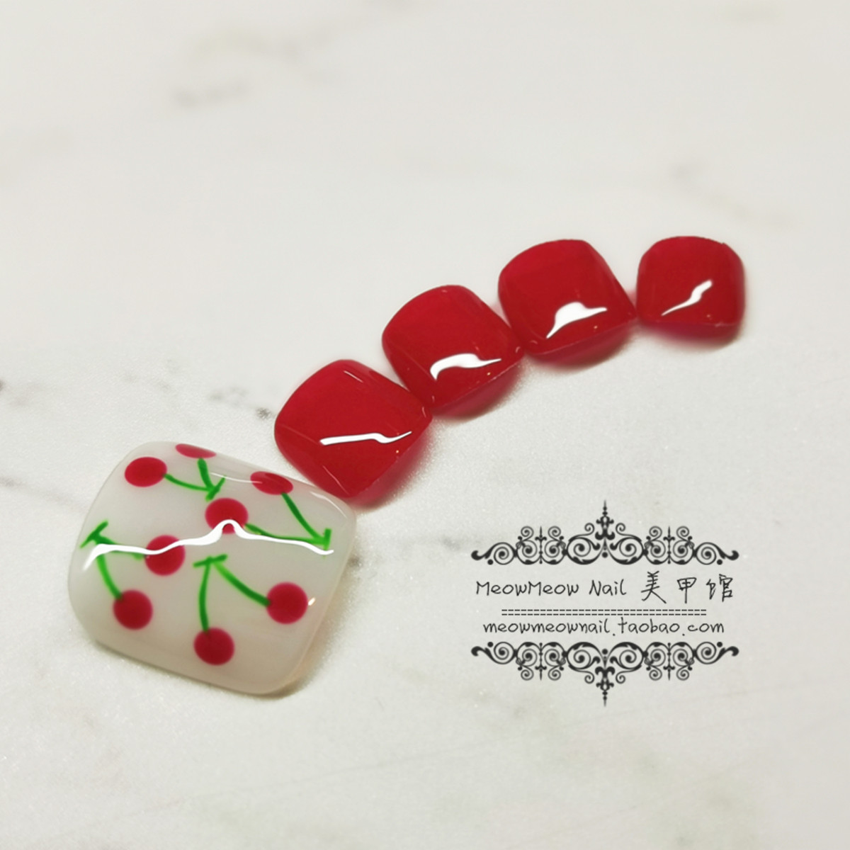 meow美甲 可爱樱桃红脚趾甲 光疗穿戴美甲片成品手工定制假指甲