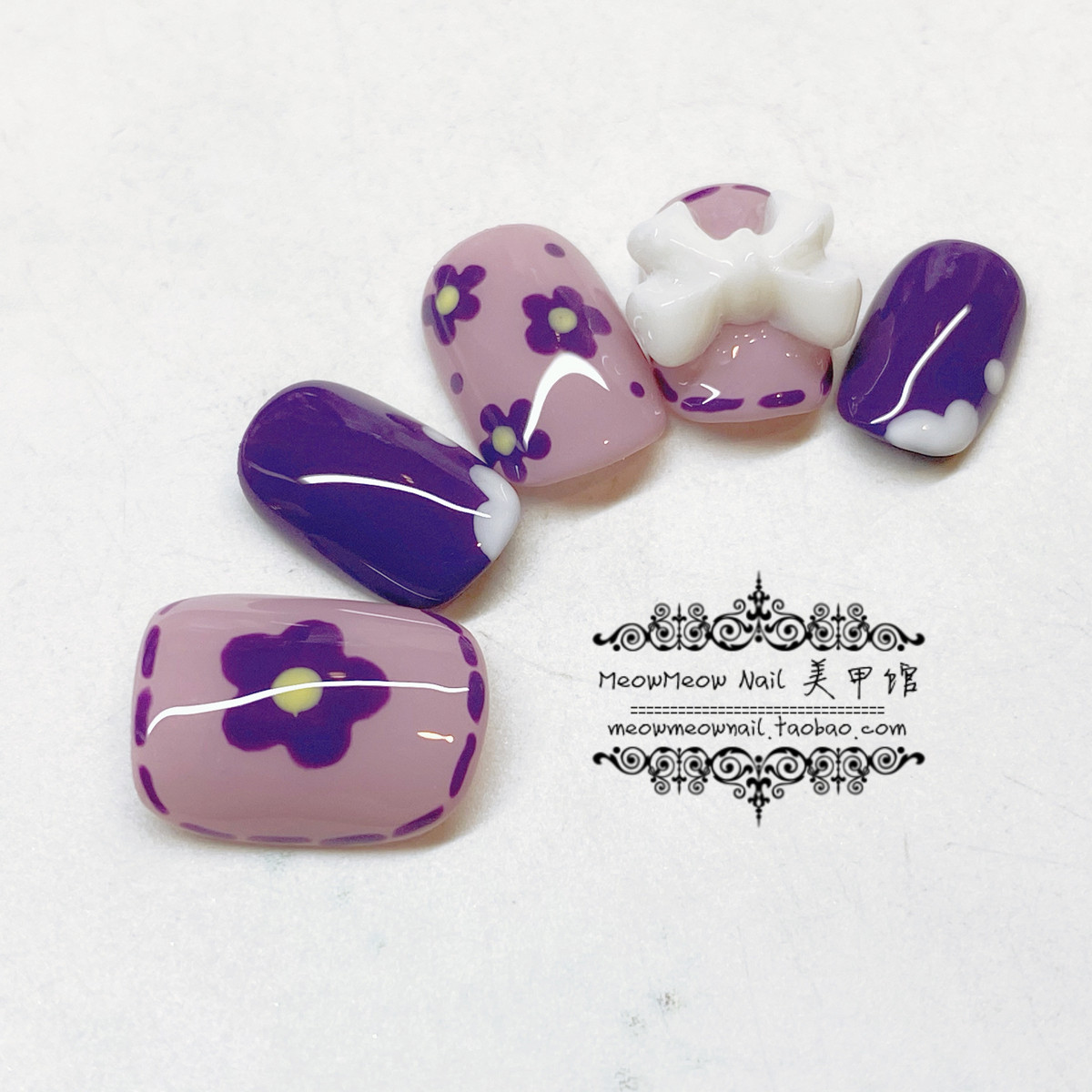 粉紫小花泫雅风 立体丝带蝴蝶结 穿戴光疗美甲片成品手工假指甲