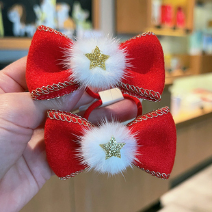 儿童新年头饰女童冬季中国风汉服古风毛球发圈红色公主女宝宝头绳