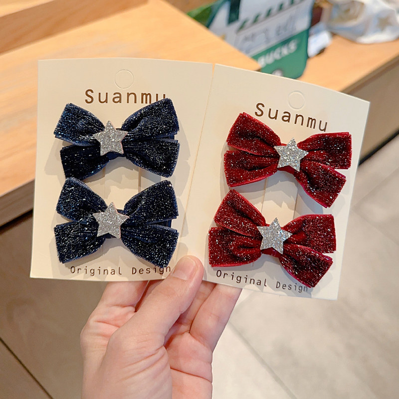 高级深蓝酒红色银丝绒蝴蝶结对夹五角星发卡韩国女童扎发新年发饰,童装/婴儿装/亲子装,发饰,淘宝优惠券,粉丝福利购,淘宝优惠卷