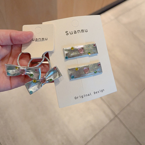 银色蝴蝶结发夹儿童皮筋头饰甜美彩钻皮质发卡BB夹刘海侧边夹发圈