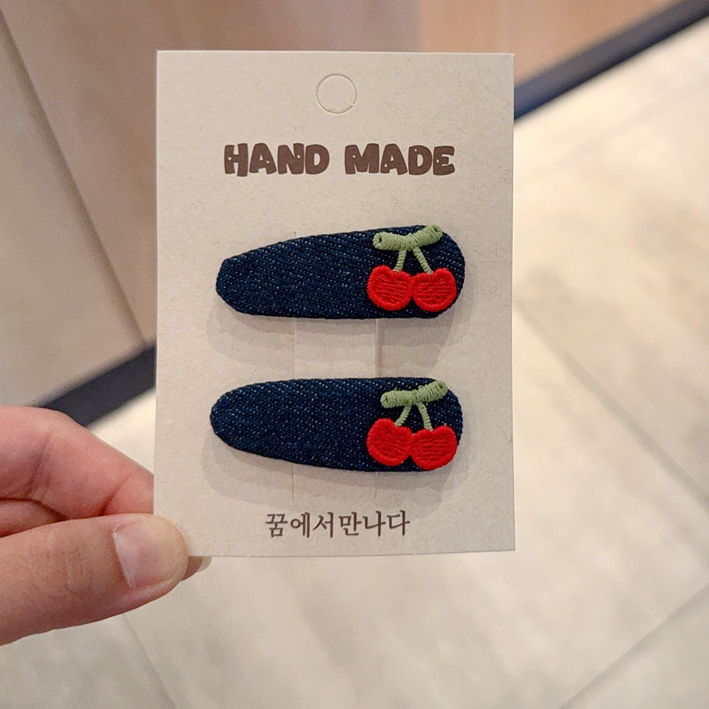 早秋韩系牛仔发夹儿童红色高级感发饰宝宝樱桃BB夹侧边刘海碎发夹