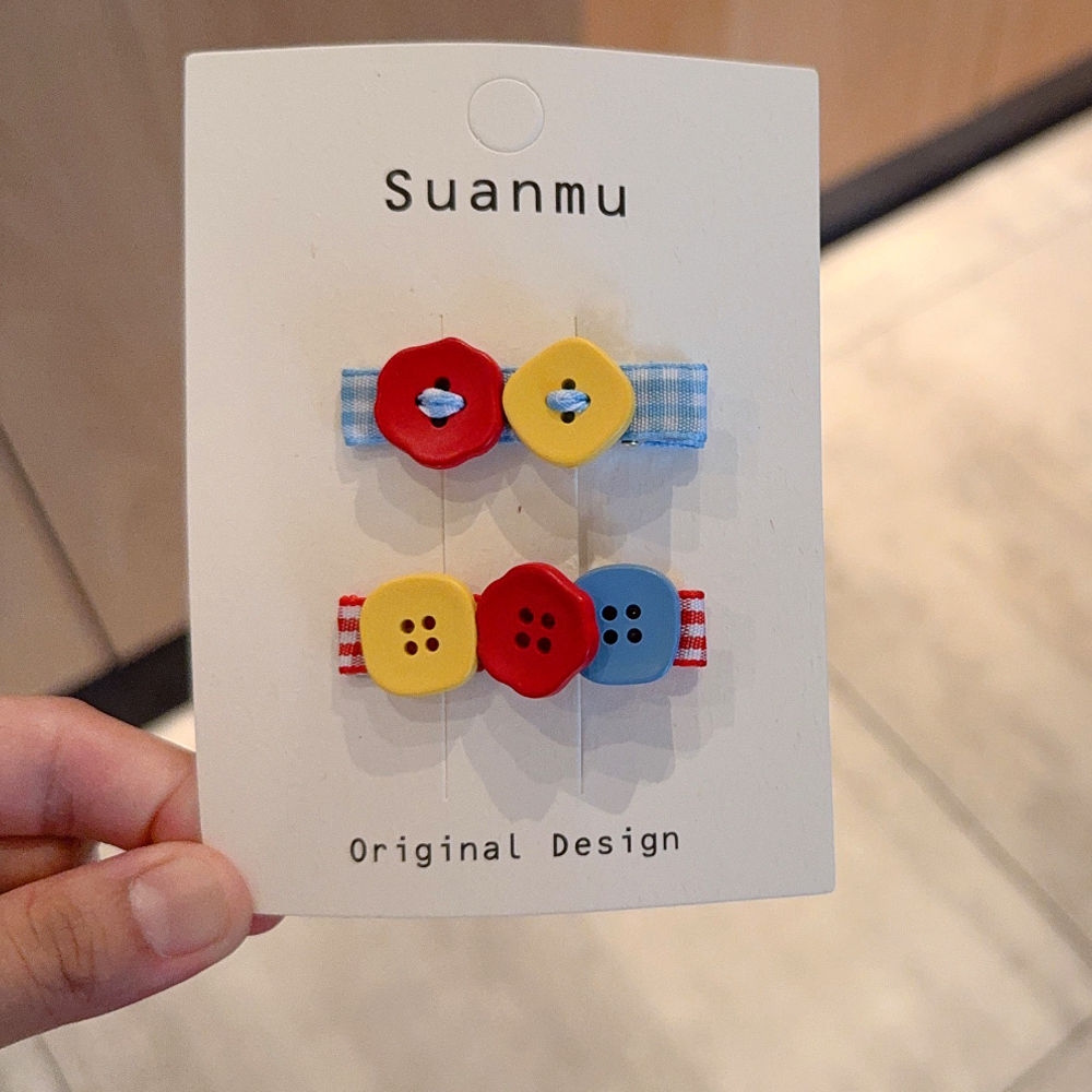 韩式儿童手作发夹可爱纽扣刘海夹子女童红色格纹侧边夹头饰发卡子