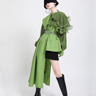 小众设计2024新款不规则拼接泡泡袖木耳花边收腰上衣不对称衬衫裙