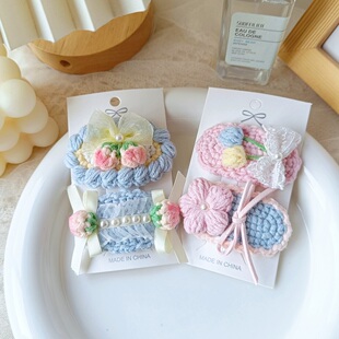 手工钩织毛线浅蓝粉珍珠蝴蝶结蕾丝仙美桃子魔术贴碎发夹发饰成品