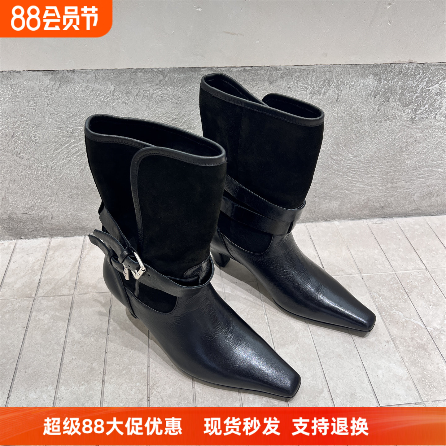 欧洲站真皮方头粗跟套筒马丁靴潮