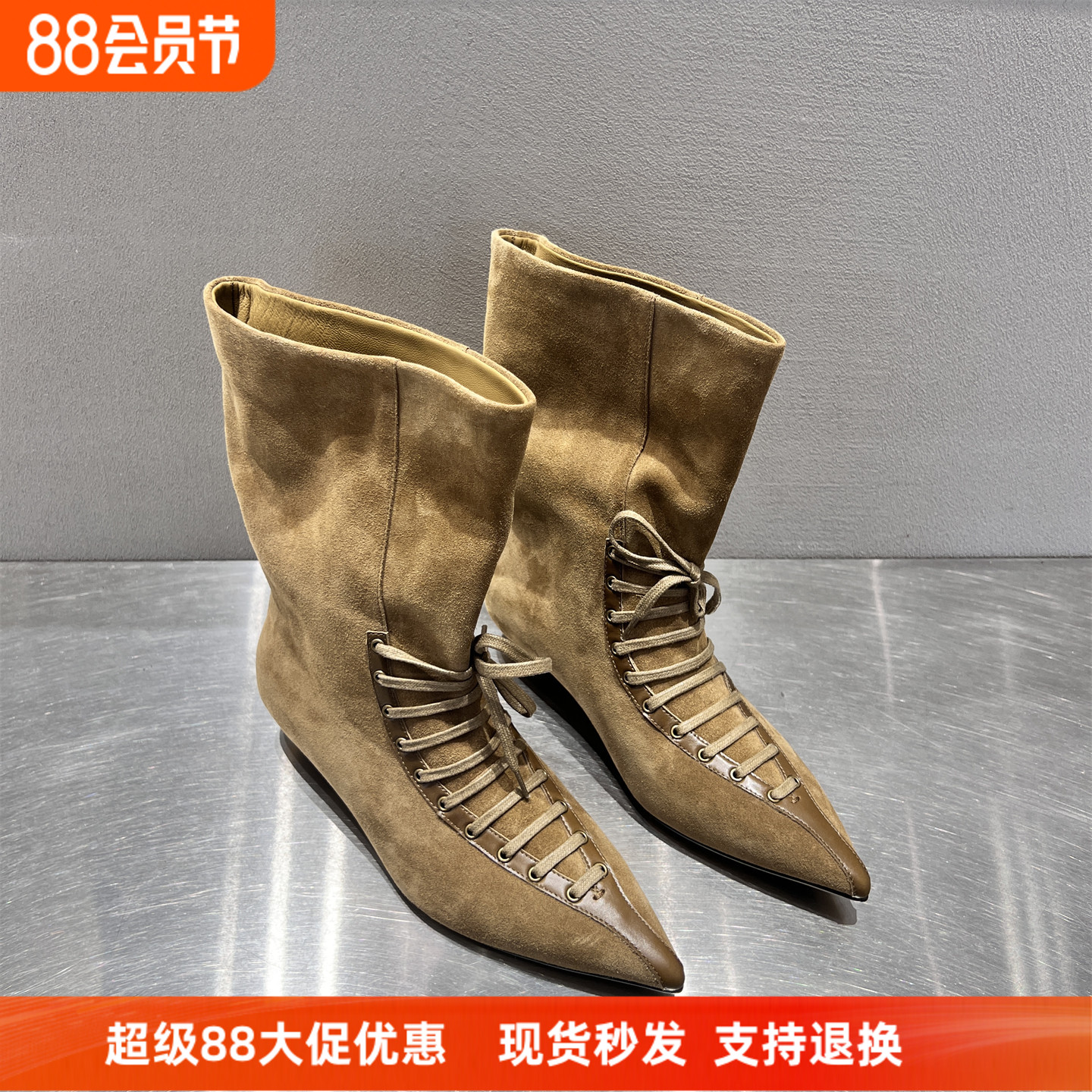 欧洲站尖头绑带女巫靴2026秋新款真皮磨砂套筒显瘦低跟时装靴短靴