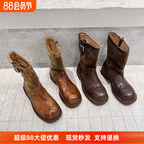 欧货真皮圆头粗跟复古短靴马丁靴