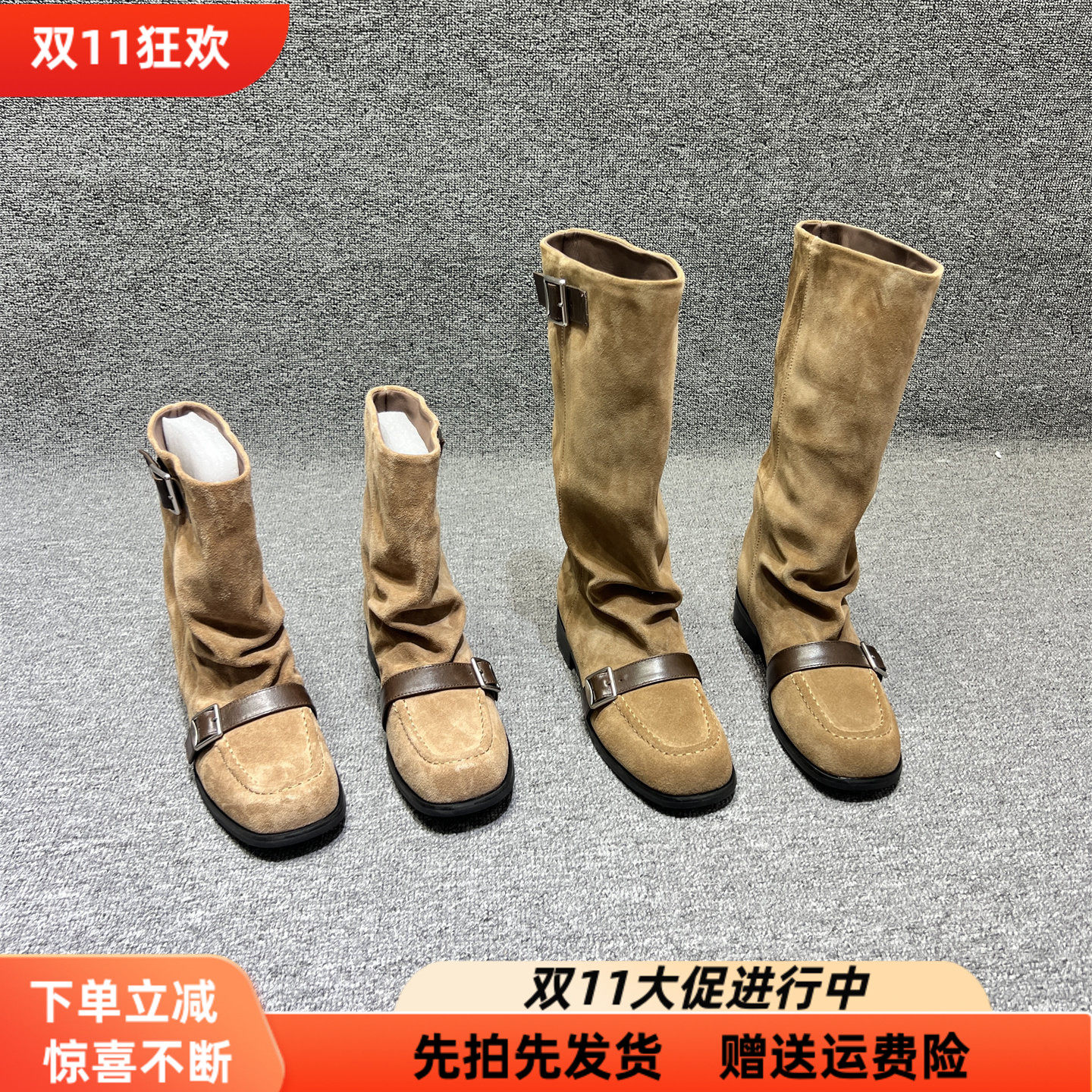 欧洲站真皮方头粗跟皮带扣骑士靴