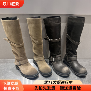 欧洲站真皮女靴2026秋新款圆头做旧磨砂皮皮带扣套筒高筒靴骑士靴