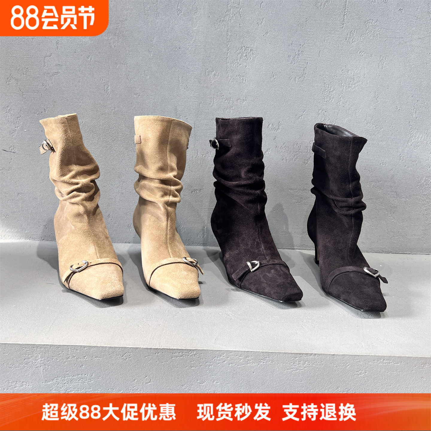 欧货真皮方头皮带扣细高跟堆堆靴