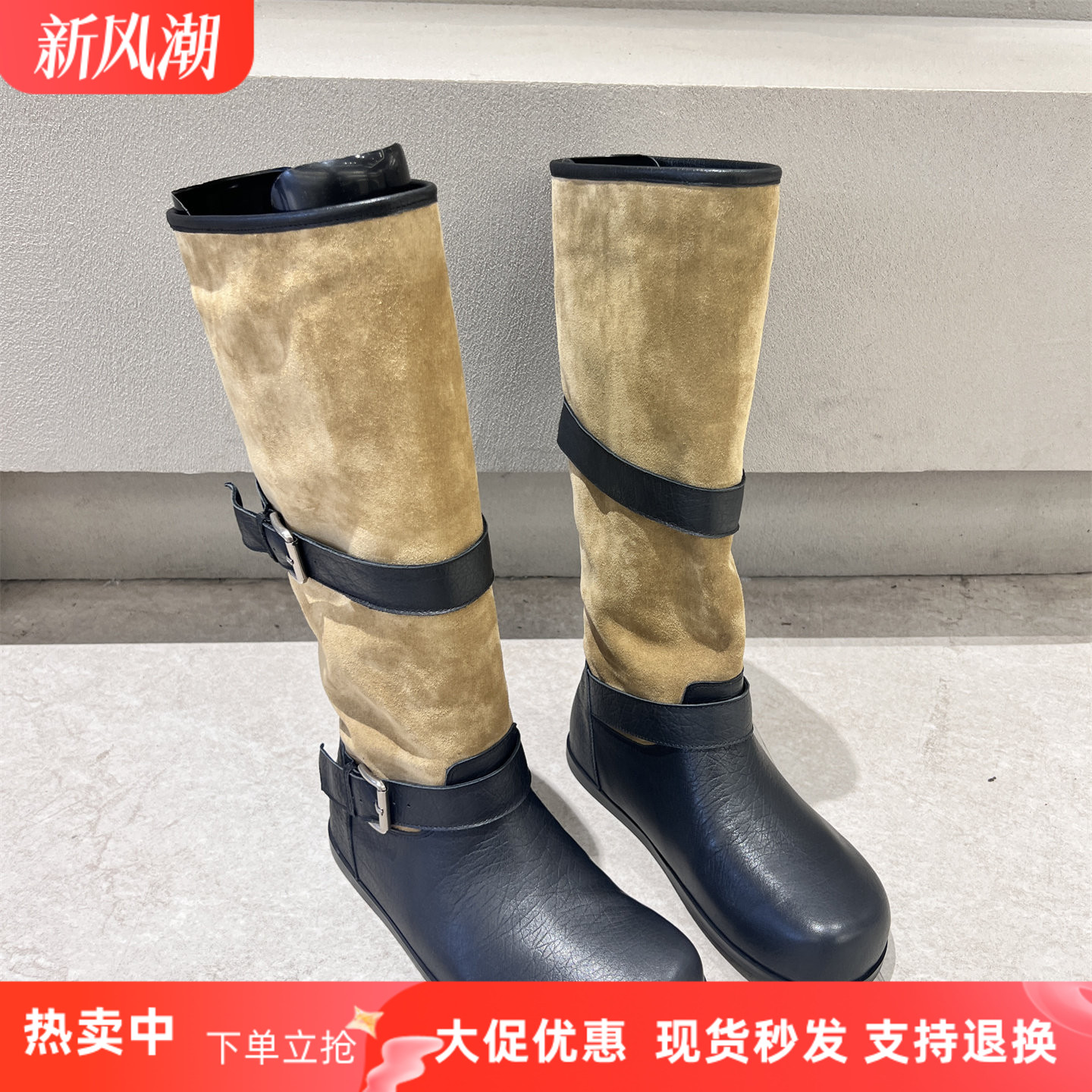 欧货真皮厚底皮带扣高筒骑士靴女